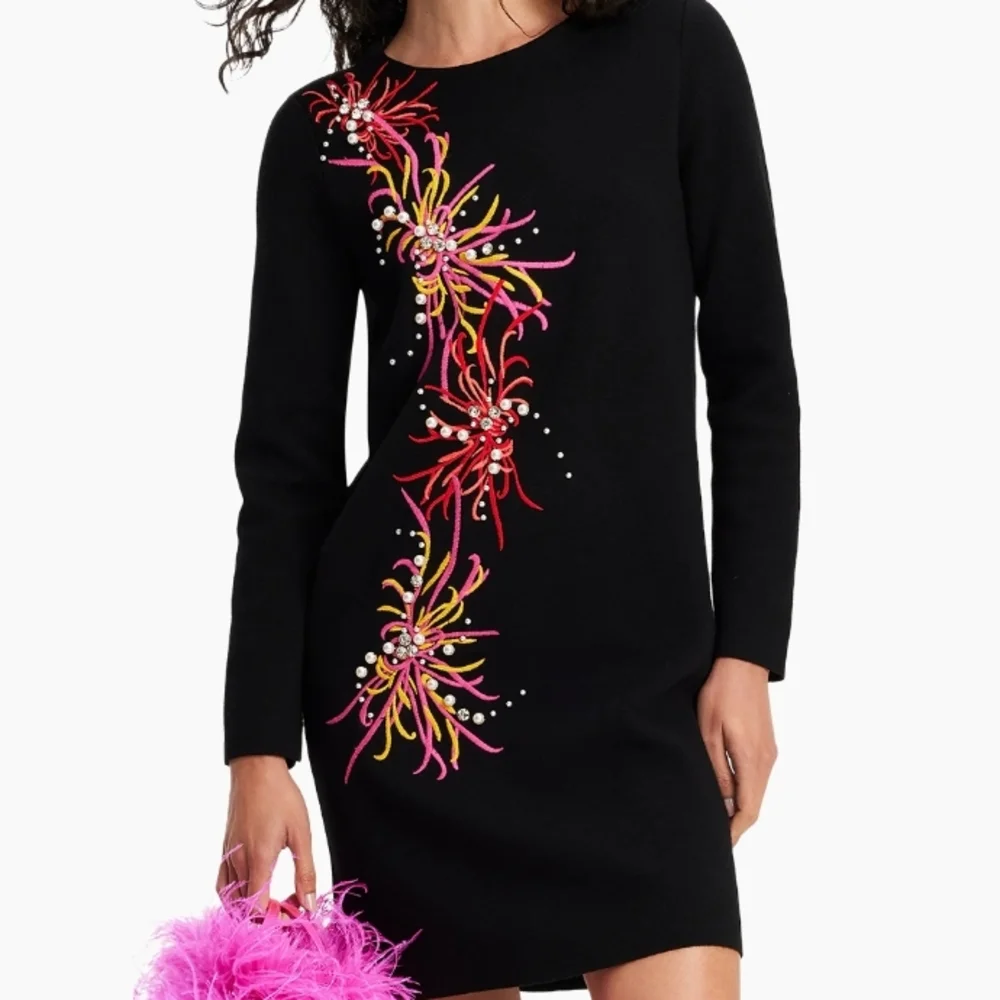Black Embellished Crewneck Shift Dress with Pink & Yellow Floral Accents - Picture 1 of 5